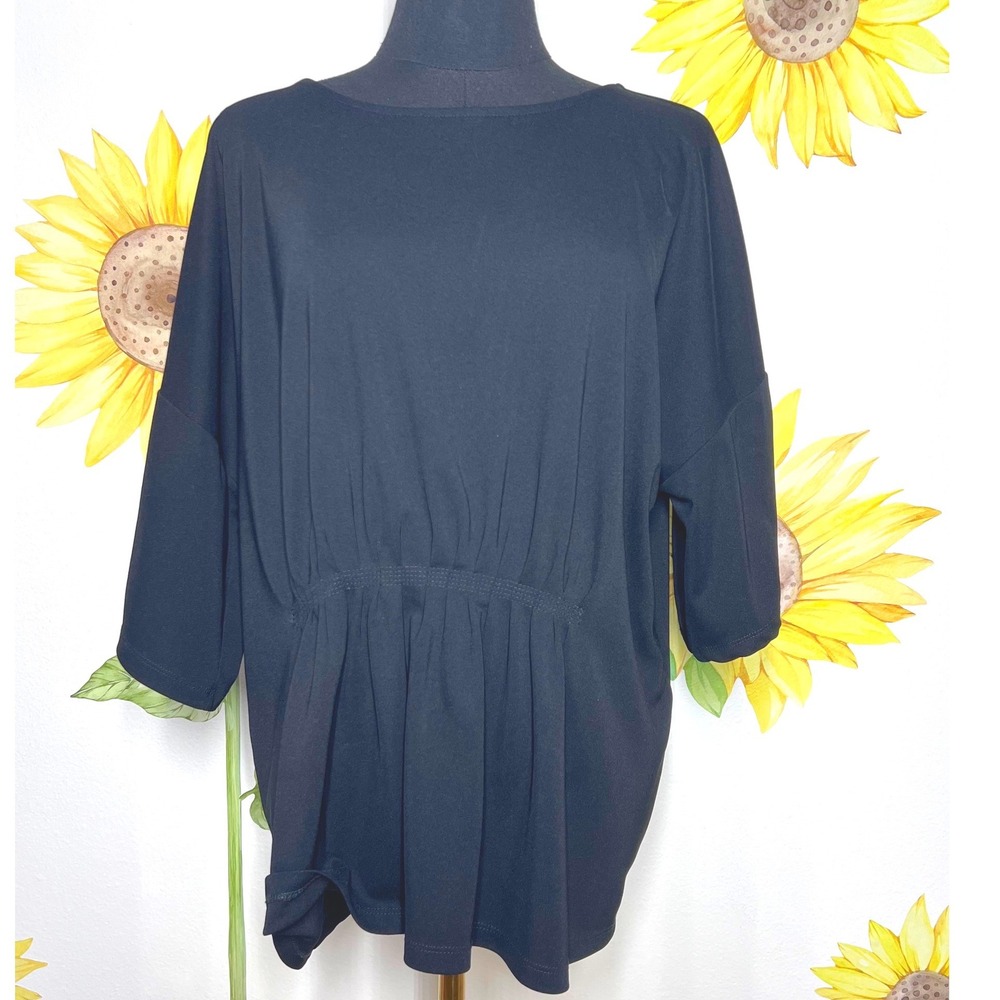 Ann Taylor Factory Black Gathered Waist Blouse XL 3/4 Sleeve Boat Neck Top